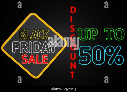 3D Illustration schwarz Freitag Verkauf Text Neon Zeichen abstrakt auf schwarzem Hintergrund. Rabatt bis zu 50 % Text. Banner-Zeichen und Symbole Neon-Zeichen Stockfoto