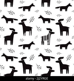 Vektor nahtlose Muster von schwarzen handgezeichneten Doodle Hirsch und Fuchs Silhouette auf weißem Hintergrund isoliert Stock Vektor