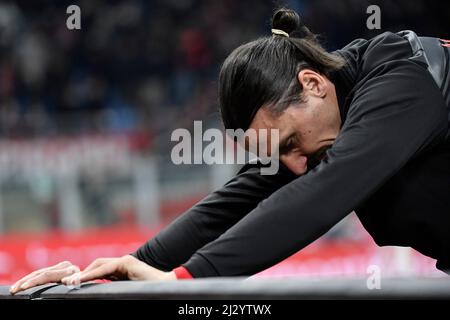 Roma, Italien. 04. April 2022. Zlatan Ibrahimovic aus Mailand während des Fußballspiels Serie A zwischen Mailand und Bologna im Giuseppe-Meazza-Stadion in Mailand (Italien), 4.. April 2022. Foto Andrea Staccioli/Insidefoto Kredit: Insidefoto srl/Alamy Live News Stockfoto