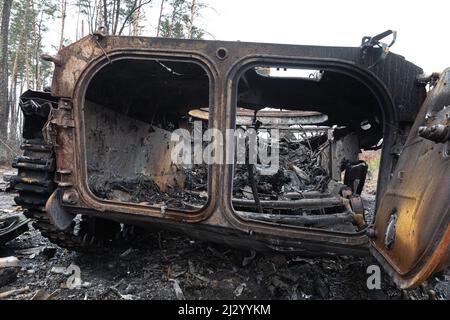 Bucha, Ukraine. 02. April 2022. Die zerbrochenen Panzer und die Kampffahrzeuge der russischen Eindringlinge, die in der Nähe des Dorfes Dmitriewka gesehen wurden. Kredit: SOPA Images Limited/Alamy Live Nachrichten Stockfoto