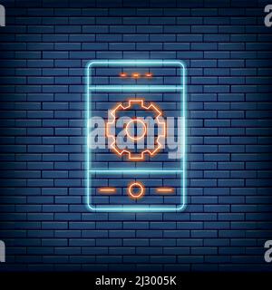 Vektor-Telefon mit Ausrüstung, Smartphone-Reparatur, mobile Entwicklung Neon-Zeichen. Vektorgrafik im Neon-Stil. Stock Vektor