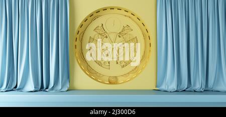 Gelber Uhrmechanismus an der Wand mit Vorhängen. 3D Rendern Stockfoto