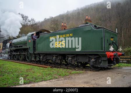 Santa Special Train, Moorlander, Dampfzug auf dem Weg von Pickering nach Grosmont über die Levisham Station in North York Moors UK Stockfoto