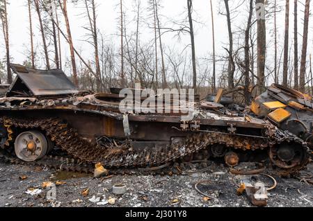 Bucha, Ukraine. 02. April 2022. Die zerbrochenen Panzer und die Kampffahrzeuge der russischen Eindringlinge, die in der Nähe des Dorfes Dmitriewka gesehen wurden. (Foto von Mykhaylo Palinchak/SOPA Images/Sipa USA) Quelle: SIPA USA/Alamy Live News Stockfoto
