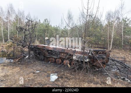 Bucha, Ukraine. 03. April 2022. Die zerbrochenen Panzer und die Kampffahrzeuge der russischen Eindringlinge, die in der Nähe des Dorfes Dmitriewka gesehen wurden. (Foto von Mykhaylo Palinchak/SOPA Images/Sipa USA) Quelle: SIPA USA/Alamy Live News Stockfoto