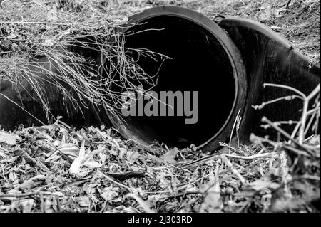 HDPE-Drainage unter einer Straßeneinfahrt. Das Rohr dient zur Förderung von Regenwasser zwischen Gräben. Stockfoto