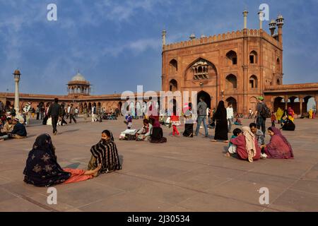 Neu-Delhi, Indien. Innenhof der Jama Masjid (Freitagsmoschee), Indiens größte Moschee, erbaut 1644-1656. Warten auf Gebete am späten Nachmittag. Stockfoto