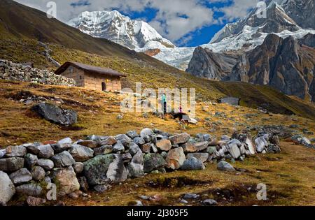 Heimat in den Anden unterhalb von Nevado Siula Grande, Cordillera Huayhuash, Peru Stockfoto