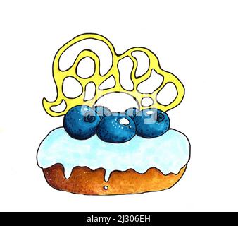 Donut-Kuchen mit blauer Heidelbeer- und Heidelbeer-Vereisung und Karamell-Verzierung. Handgezeichnet mit Alkoholmarkern. Stockfoto