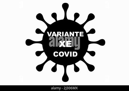 XE. Neue Variante des Coronavirus SARS-CoV-2. Untervariante von Omicron. Horizontal entwerfen. Virendesign und schwarzer Text. Abbildung. Stockfoto