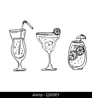 Vector Doodle Set von Cocktails und alkoholischen Getränken. Line tropischen Cocktails und Sommersaft Stock Vektor