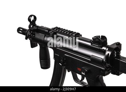 Luftpistole Moderne pneumatische Waffe für Air Soft, Sport und Unterhaltung. Ein Dummy, eine Kopie einer echten Pistole. Isolieren auf weißem Hintergrund. Stockfoto