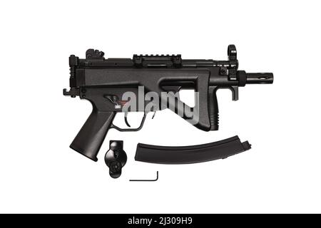 Luftpistole Moderne pneumatische Waffe für Air Soft, Sport und Unterhaltung. Ein Dummy, eine Kopie einer echten Pistole. Isolieren auf weißem Hintergrund. Stockfoto
