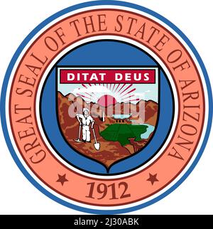 Draufsicht auf das große Siegel des US-Bundesstaates Arizona. Patriot und Reisekonzept der Vereinigten Staaten von Amerika. Ebenenlayout, Design Stockfoto