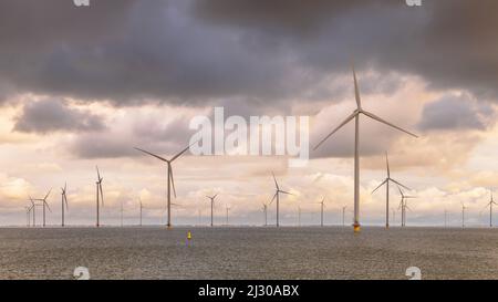 Offshore Windpark auf See. Gruppe von Windturbinen im Wasser des IJsselmeers unter bewölktem Himmel. Windenergie ist zu einer der billigsten Formen von Elektroenergie geworden Stockfoto