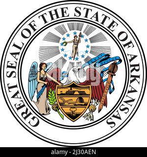 Draufsicht auf das große Siegel des US-Bundesstaates Arkansas. Patriot und Reisekonzept der Vereinigten Staaten von Amerika. Ebenenlayout, Design Stockfoto