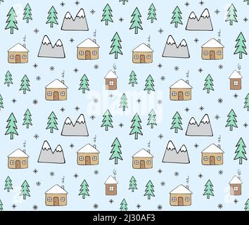 Vektor nahtloses Muster von Hand gezeichneten Doodle Haus und Bäume isoliert auf pastellblauem Hintergrund. Weihnachten Winter Illustration. Stock Vektor