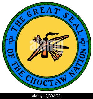 Draufsicht auf das große Siegel des US-Bundesstaates Choctaw. Patriot und Reisekonzept der Vereinigten Staaten von Amerika. Ebenenlayout, Design Stockfoto