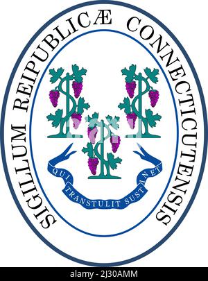 Draufsicht auf das große Siegel des US-Bundesstaates Connecticut. Patriot und Reisekonzept der Vereinigten Staaten von Amerika. Ebenenlayout, Design Stockfoto
