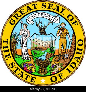 Draufsicht auf das große Siegel des US-Bundesstaates Idaho. Patriot und Reisekonzept der Vereinigten Staaten von Amerika. Ebenenlayout, Design Stockfoto