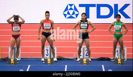 Maria Isabel Perez, Mujinga Kambundji, Bassant Hemida und Rosalina Santos treten am ersten Tag der Leichtathletik-Halle in den 60m Damen-Läufen an Stockfoto