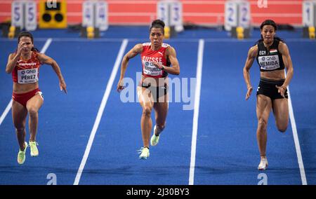 Maria Isabel Perez, Mujinga Kambundji und Bassant Hemida treten am ersten Tag der Leichtathletik-Hallenweltmeisterschaften Bel in den 60m Damen-Läufen an Stockfoto