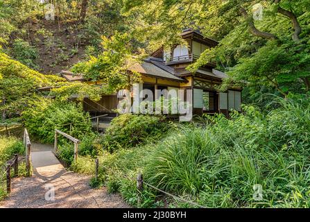 Choshukaku-Haus in Sankeien Gardens, Yokohama, Kanagawa, Japan. Erbaut 1623 in der Edo-Zeit und zum Kulturgut erklärt, wurde es 1922 während der Taisho-Ära umgesiedelt. Stockfoto