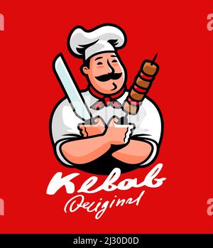 Lustige Koch Kochen Kebab Cartoon-Figur. Logo der arabischen Küche. Fast Food-Emblem Stock Vektor