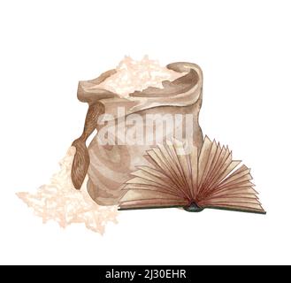 Backen Aquarell Illustration mit Küchenutensilien, offenes Buch, Mehlbeutel auf weißem Hintergrund. Handgezeichnete Kochklammer Art. Backkonzept. Stockfoto