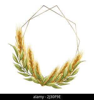 Goldener Rahmen mit floralem Arrangement aus Weizen auf weißem Hintergrund. Backlogo Stockfoto