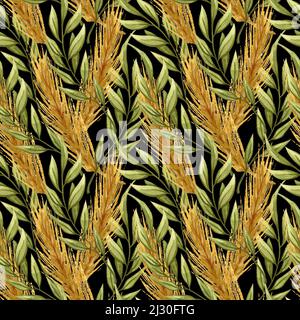 Aquarell-Nahtloses Muster mit goldenen Ähren aus Weizen und grünen Zweigen auf schwarzem Hintergrund. Handgezeichnete Abbildung. Stockfoto