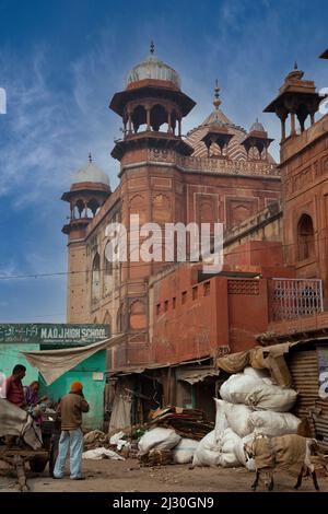 Agra, Indien. Jama Masjid, die Freitagsmoschee, erbaut 1648, neben dem Kinari-Basar. Stockfoto