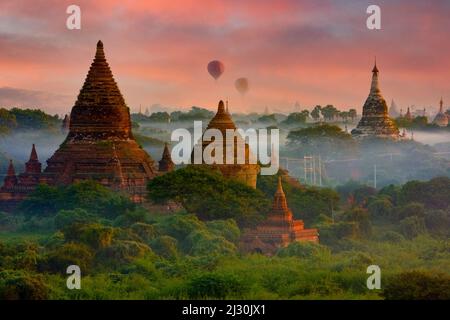 Myanmar, Burma, Bagan. Am frühen Morgen steigen Heißluftballons über die Tempel von Bagan auf. Stockfoto