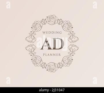 AD Initials Letter Hochzeit Monogram Logos Kollektion, handgezeichnete moderne minimalistische und florale Vorlagen für Einladungskarten, Save the Date, elegant Stock Vektor