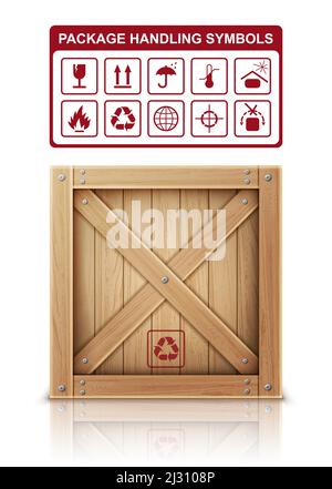 Symbole für Holzkasten und Verpackungshandhabung setzen realistische Vektordarstellung. Holzkiste oder Frachtkasten für Lagerung, Transport und Lieferung Stock Vektor