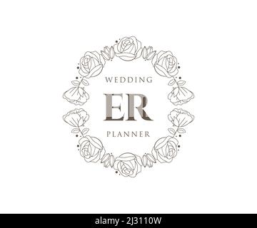 ER Initialen Brief Hochzeit Monogram Logos Kollektion, handgezeichnete moderne minimalistische und florale Vorlagen für Einladungskarten, Save the Date, elegant Stock Vektor