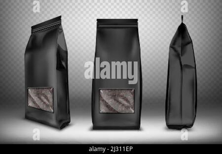 Schwarze leere Kunststoff-oder Folienverpackung Snack-Tasche mit transparenten Fenster realistische Vektor. Beutel oder Beutel für Tee, Süßigkeiten und Kaffee, Vorder- und Seitenansicht isol Stock Vektor
