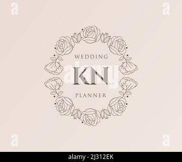 KN Initialen Brief Hochzeit Monogram Logos Kollektion, handgezeichnete moderne minimalistische und florale Vorlagen für Einladungskarten, Save the Date, elegant Stock Vektor