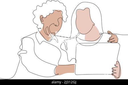 Erwachsene Tochter hilft älteren Mutter mit Notebook Stock Vektor