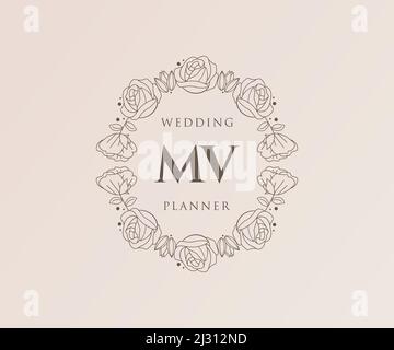 MV Initials Letter Hochzeit Monogram Logos Kollektion, handgezeichnete moderne minimalistische und florale Vorlagen für Einladungskarten, Save the Date, elegant Stock Vektor