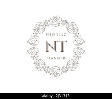 NT Initials Letter Hochzeit Monogram Logos Kollektion, handgezeichnete moderne minimalistische und florale Vorlagen für Einladungskarten, Save the Date, elegant Stock Vektor