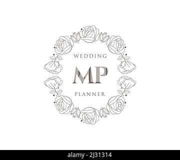 MP Initials Letter Hochzeit Monogram Logos Kollektion, handgezeichnete moderne minimalistische und florale Vorlagen für Einladungskarten, Save the Date, elegant Stock Vektor