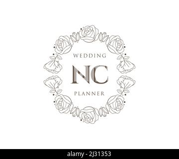 NC Initials Letter Hochzeit Monogram Logos Kollektion, handgezeichnete moderne minimalistische und florale Vorlagen für Einladungskarten, Save the Date, elegant Stock Vektor