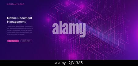 Big Data Wasserfall oder Kaskade, digitale binäre Code Datenfluss Analyse Visualisierung, isometrische Vektor Illustration. Ultraviolettes horizontales Banner mit Stock Vektor