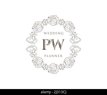 PW Initials Letter Wedding Monogram Logos Kollektion, handgezeichnete moderne minimalistische und florale Vorlagen für Einladungskarten, Save the Date, elegant Stock Vektor