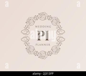 PI Initialen Brief Hochzeit Monogramm Logos Kollektion, handgezeichnete moderne minimalistische und florale Vorlagen für Einladungskarten, Save the Date, elegant Stock Vektor