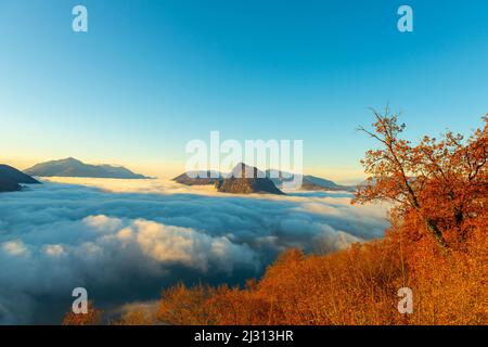 Berggipfel San Salvatore über der Wolkenlandschaft mit Herbstbaum und Sonnenlicht mit klarem Himmel in Lugano, Tessin in der Schweiz. Stockfoto