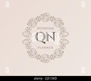 QN Initials Letter Hochzeit Monogram Logos Kollektion, handgezeichnete moderne minimalistische und florale Vorlagen für Einladungskarten, Save the Date, elegant Stock Vektor