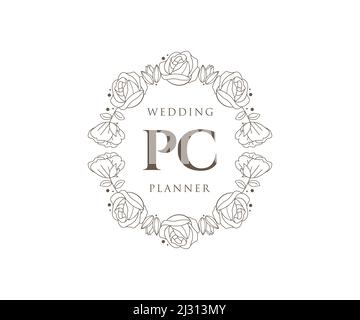 PC Initials Letter Hochzeit Monogram Logos Kollektion, handgezeichnete moderne minimalistische und florale Vorlagen für Einladungskarten, Save the Date, elegant Stock Vektor