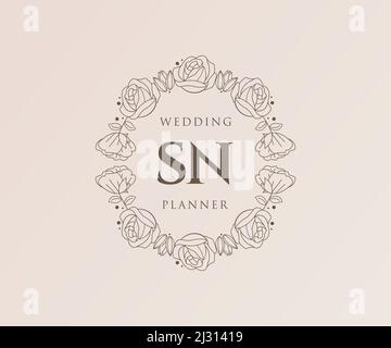 SN Initials Letter Hochzeit Monogram Logos Kollektion, handgezeichnete moderne minimalistische und florale Vorlagen für Einladungskarten, Save the Date, elegant Stock Vektor